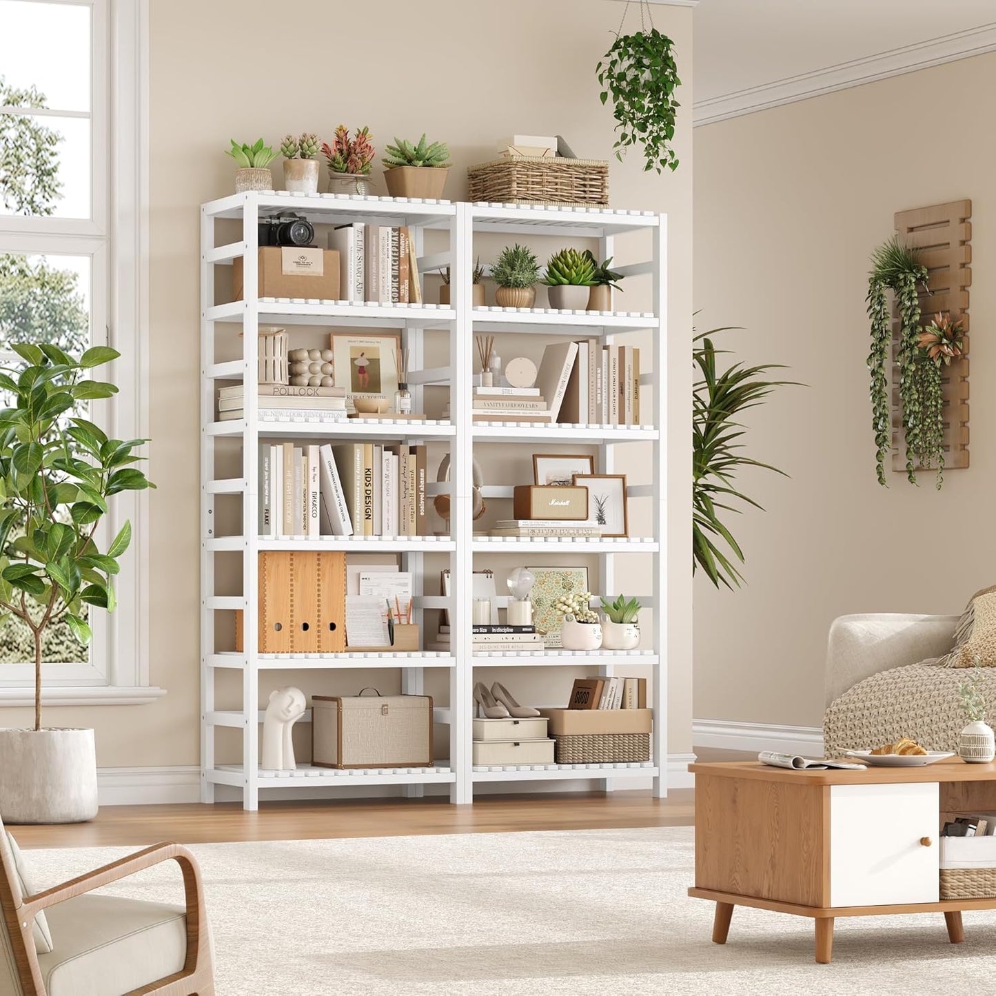 FOTOSOK 6-Tier Bamboo Shelf Set of 2, Bamboo Bookcase with Adjustable Shelves, Free Standing Storage Shelf Unit Plant Flower Stand, Tall Large White Bookshelf for Kitchen, Bathroom, Home Office, White