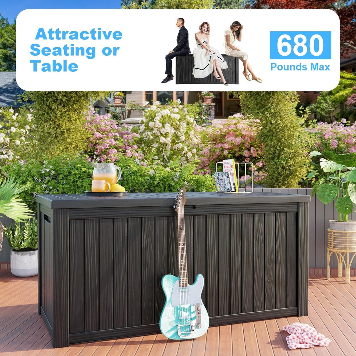 180 Gallon Deck Box,Resin Outdoor Storage Box with Lockable for Patio Furniture, Pool Accessories, Garden Tools Waterproof Outside Storage Box, Black