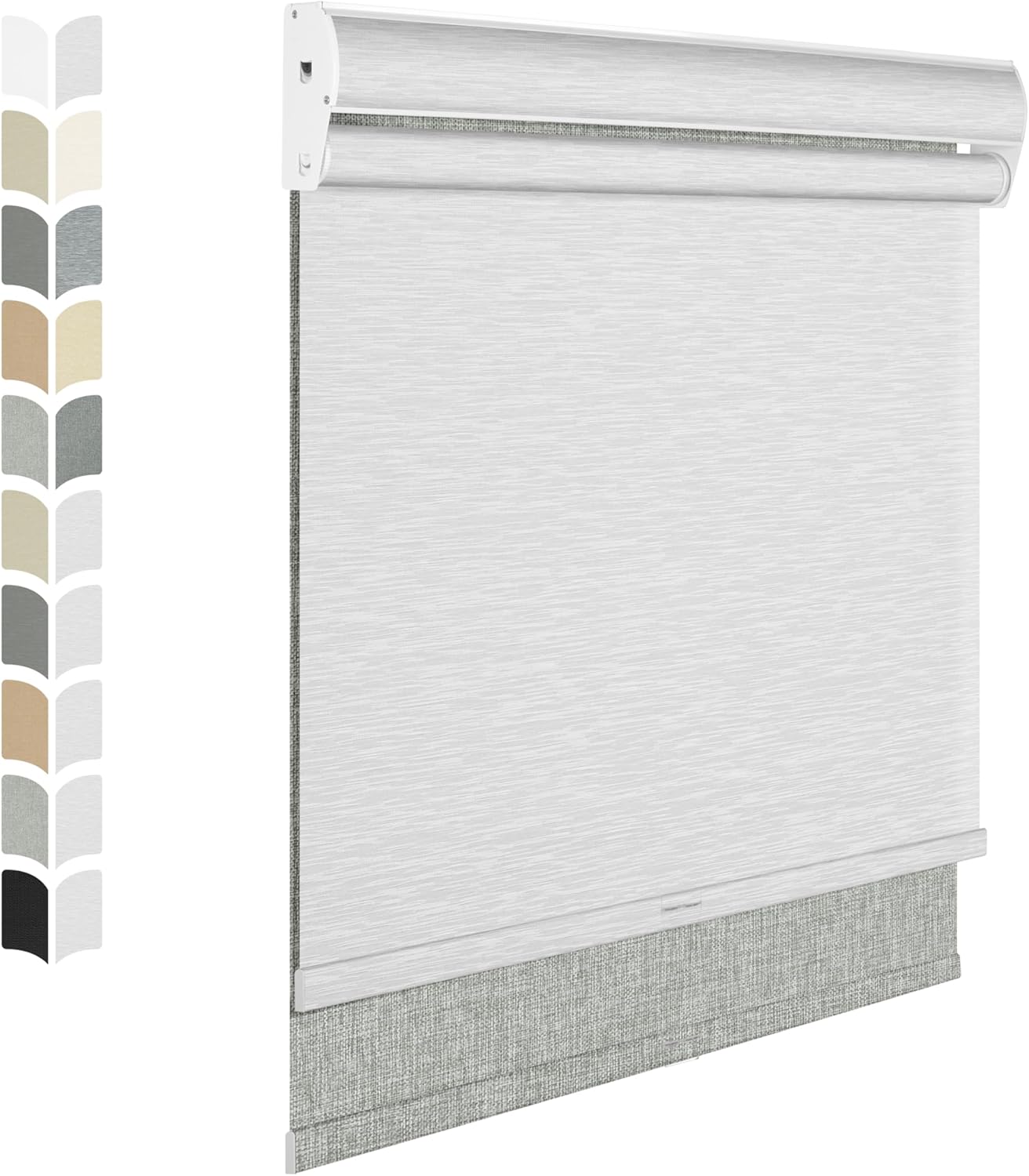 BERISSA Cordless Double Roller Shades with Cassette Valance, Dual Blackout/Light Filtering Day & Night Shades - Linen Grey & White, 66W x 56H