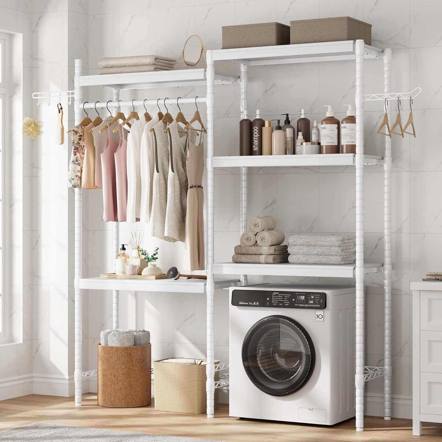Double Row Over Washer and Dryer Storage Shelves, Laundry Room Organization and Storage, Heavy Duty Laundry Room Shelves, with Adjustable Height, 5-Tier