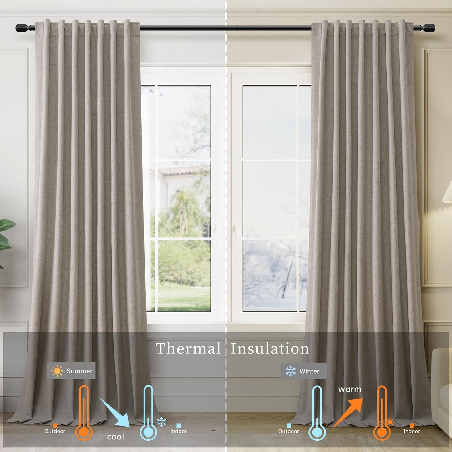 108 Inch Black Out Curtains 2 Panels Set Back Tab Thermal Insulated Natural Linen Textured Blackout Curtains Noise Reducing Dark Taupe Neutral Living Room Darkening Window Drapes Pleated 52x108