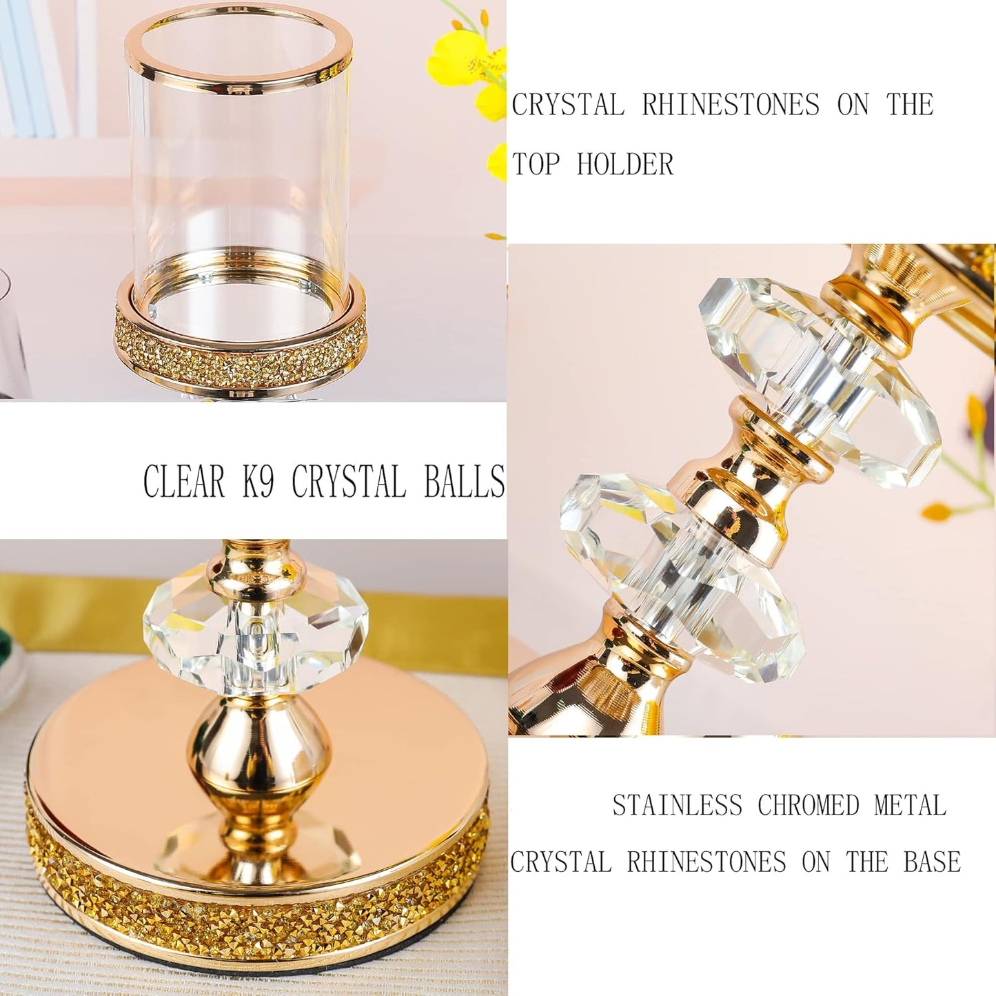 Crystal Pillar Candle Holder with Glass Shade, Gold Metal Base (M)