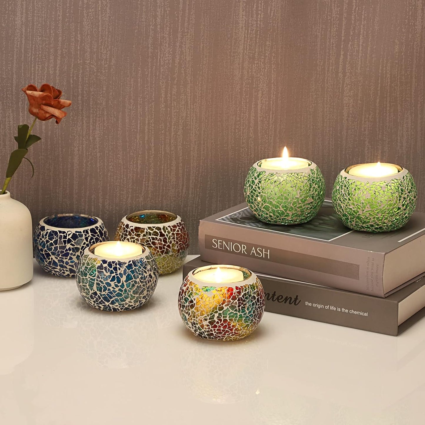 Multicolor Mosaic Glass Tealight Holders Set