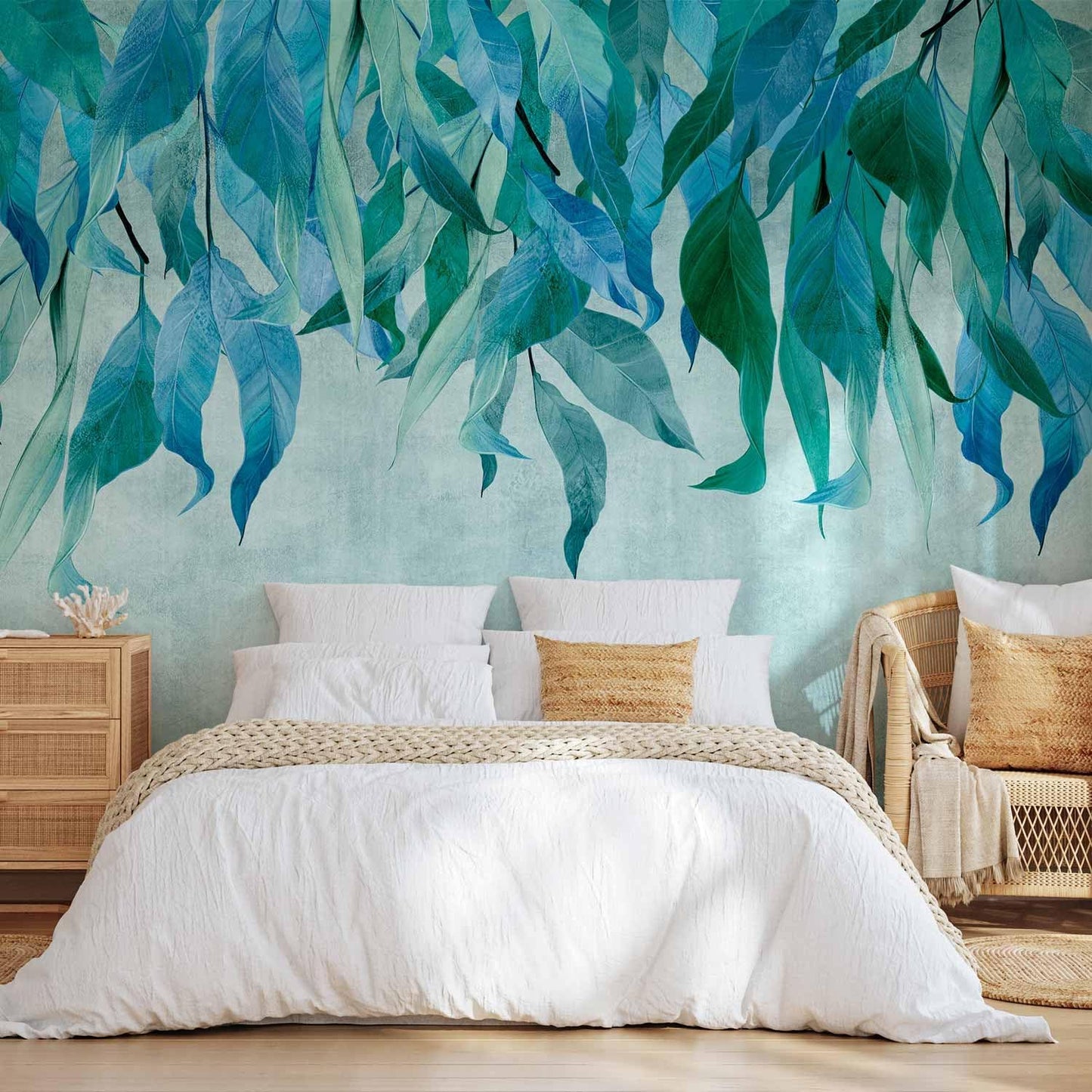 artgeist Premium Wall Mural Hanging Leaves 157x110 in - Non-Woven Wallpaper Fleece Wall Decor Photo Print Picture Image Design Nature Botanical Concrete Green Blue b-C-10146-a-b