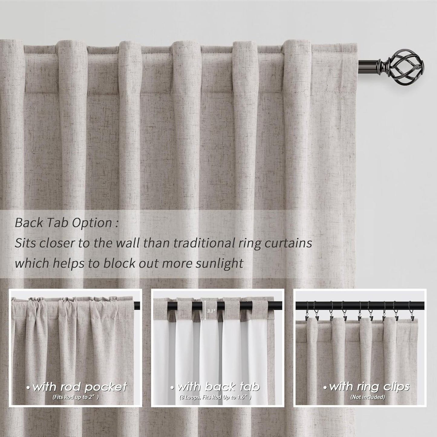 BOODII 108 Inch Black Out Curtains 2 Panels Set Back Tab Thermal Insulated Natural Linen Textured Blackout Curtains Noise Reducing Brownish Grey Neutral Living Room Darkening Window Drapes 52x108