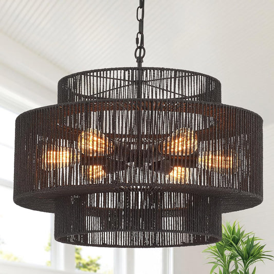 Hand-Woven Rattan Chandelier Vintage 6-Light Farmhouse Boho Bamboo Chandeliers Light Fixture 23.6" Retro 3-Tier Drum Wicker Rattan Black Chandelier for Dining Room, Kitchen Island, Bedroom