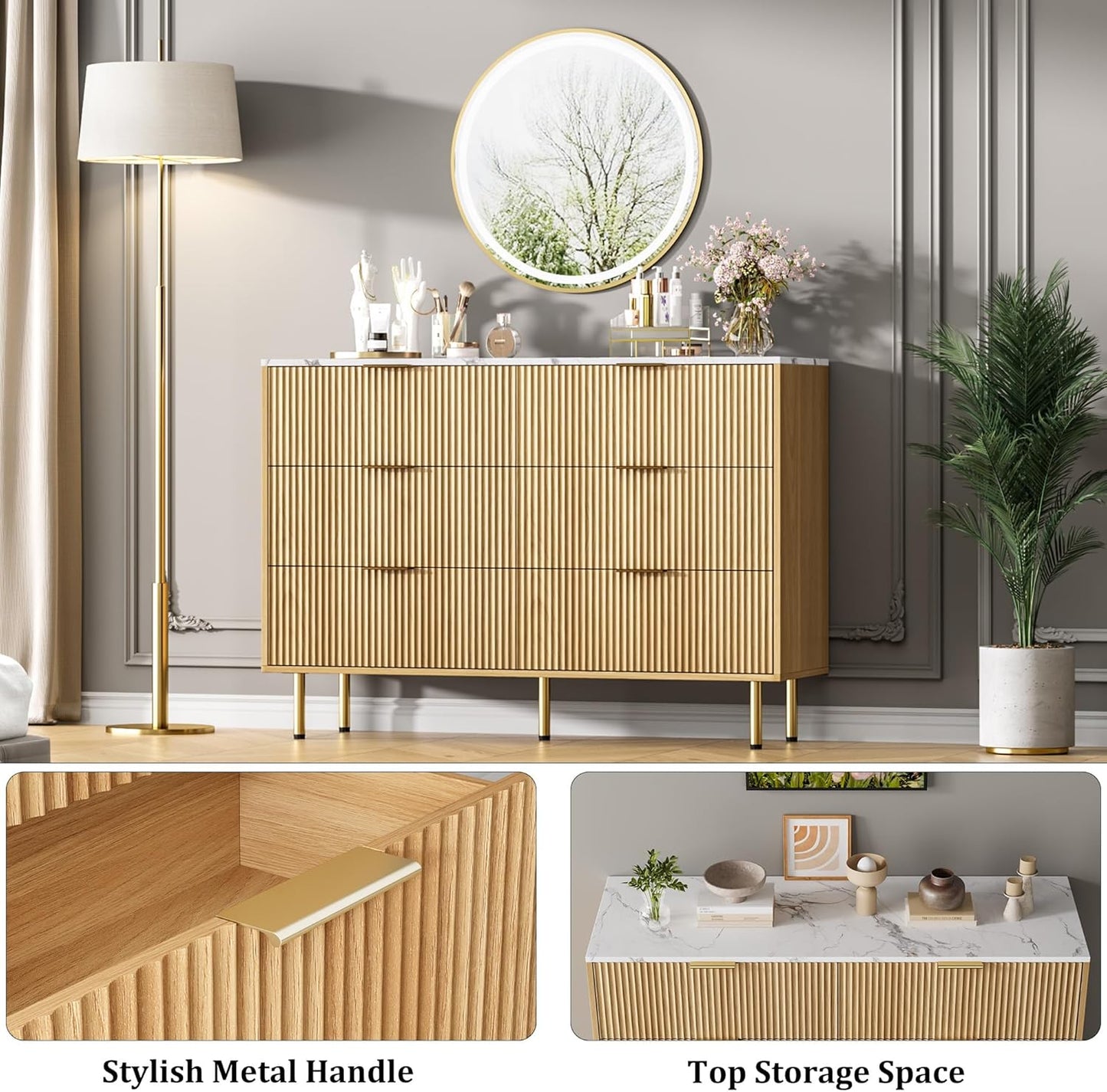 GarveeHome Fluted 6 Drawers Dresser for Bedroom, Modern Chest of Drawers, Tall Brown Dresser with Faux Marble Top and Gold Handle, Wood Drawer Organizer for Bedroom, Living Room, Hallway, Entryway