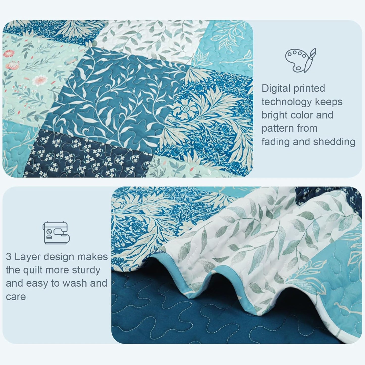 Exclusivo Mezcla Reversible Boho Quilt Set Queen Size, 3 Pieces Patchwork Navy Blue All Season Bedspreads, Ultra Soft Floral Coverlet Bedding Set with Printed Pattern (1 Quilt, 2 Pillow Shams)