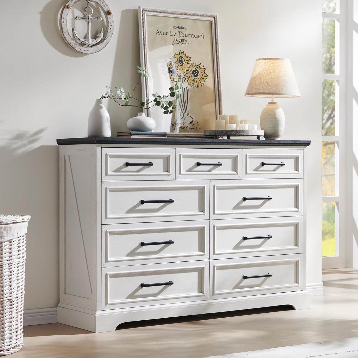 Farmhouse 9 Drawer Dresser for Bedroom, 36 Inch Tall Modern Dresser TV Stand with Large Drawers & Bar Handles, Rustic Wood Chest of Drawers for Bedroom, Living Room, Hallway, Off White