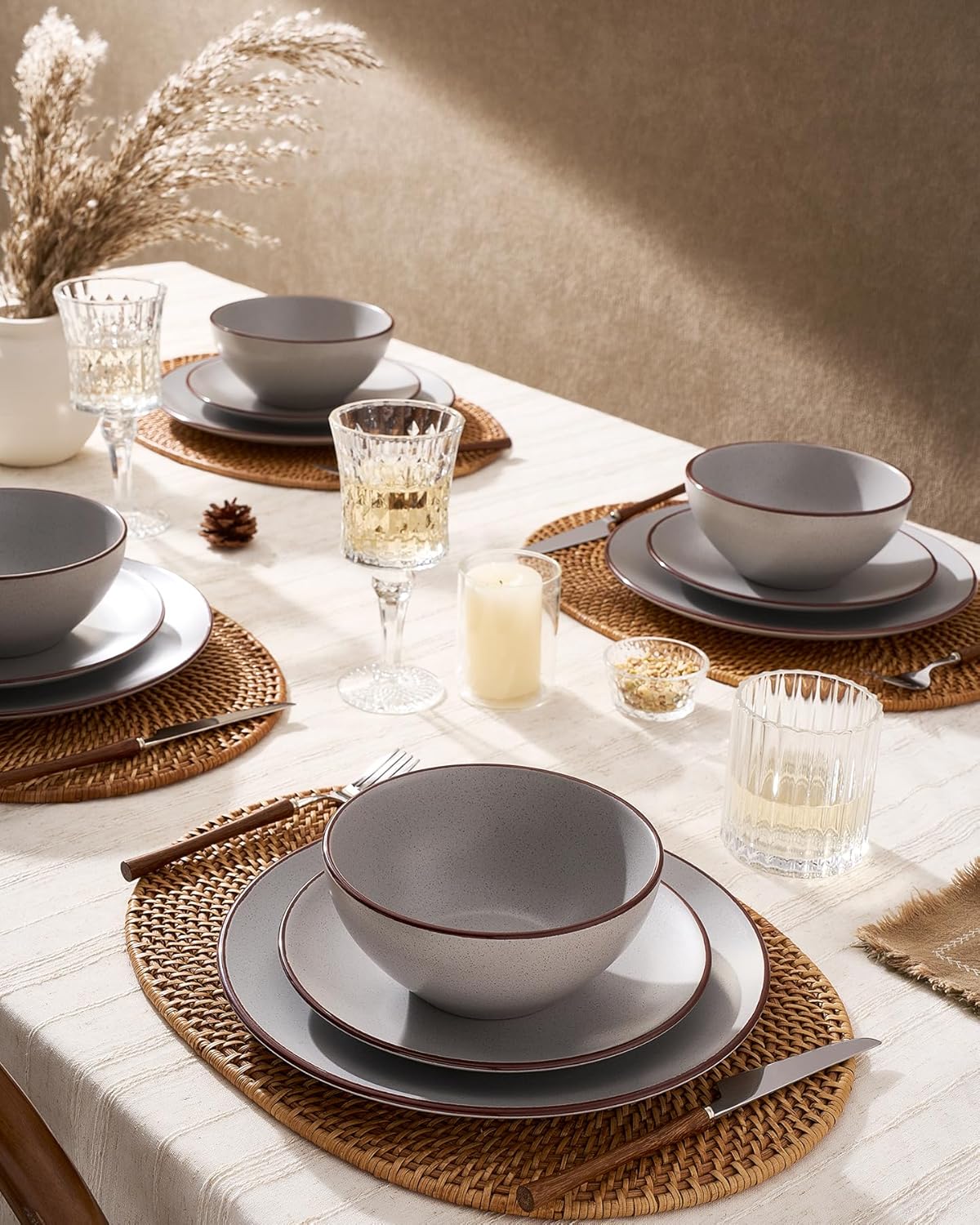 Famiware Venus Ceramic Plates and Bowls Sets, Speckled Dinnerware Dish Sets for 8 (24 Pieces) - Microwave and Dishwasher Safe, Matte Light Grey