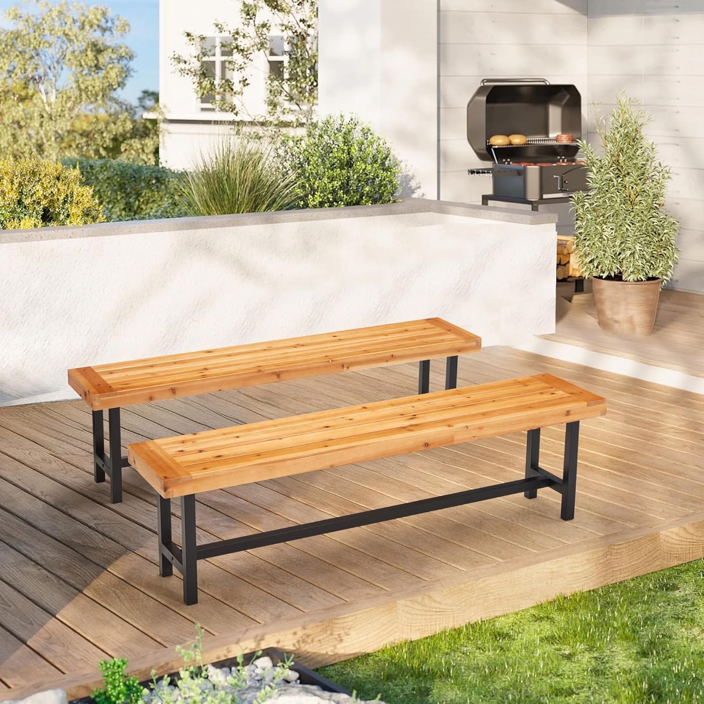 AVAWING Outdoor Wood Benches Set of 2, Patio Wooden Picnic Bench Waterproof, Backless Long Garden Park Chair for Porch, Balcony and Deck, Natural