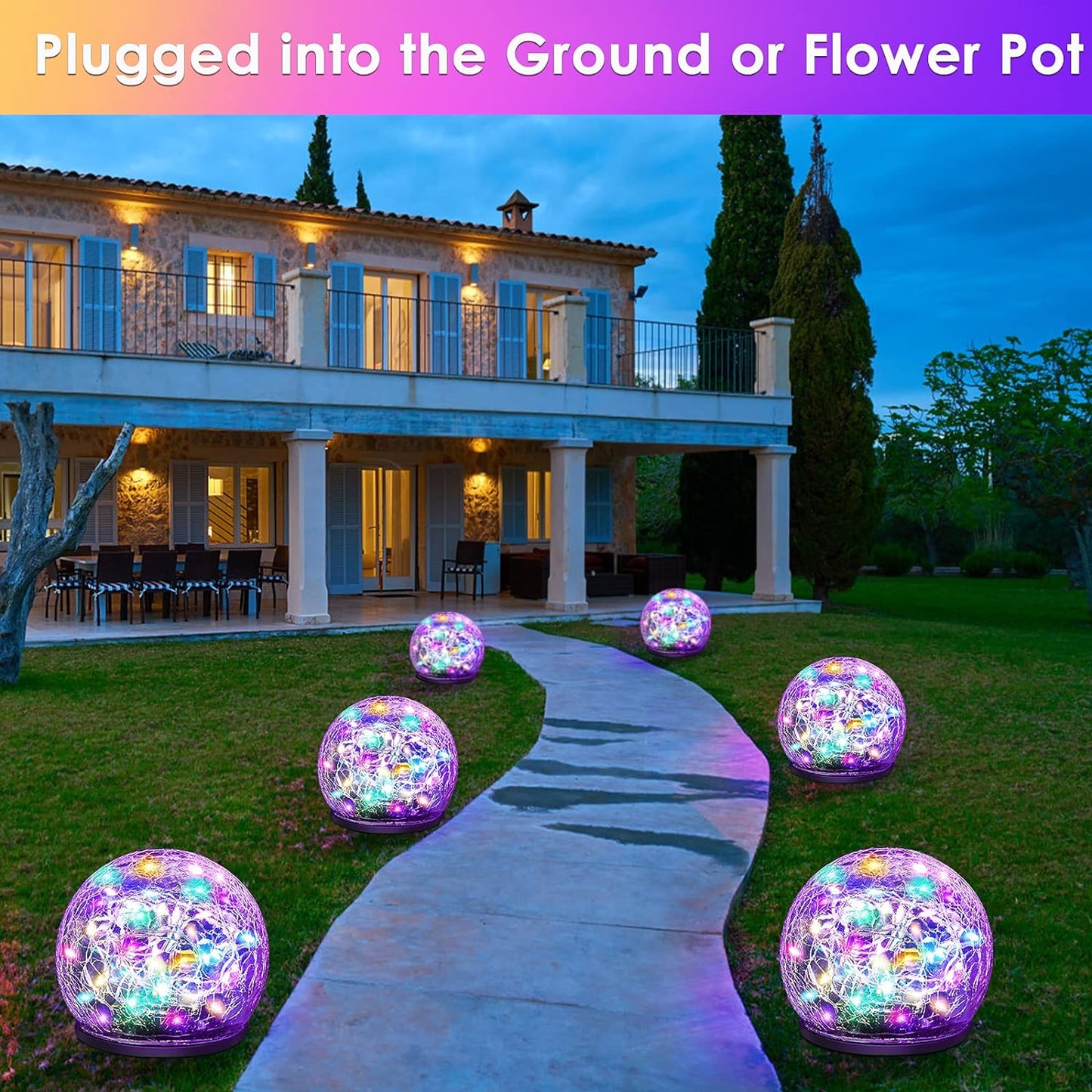 2 Pack 60 LED Garden Solar Lights Outdoor Decorative, Colored Cracked Glass Solar Globe Lights, Upgraded Waterproof Multicolor Ball Lights for Yard Pathway Patio Lawn Outside Decor