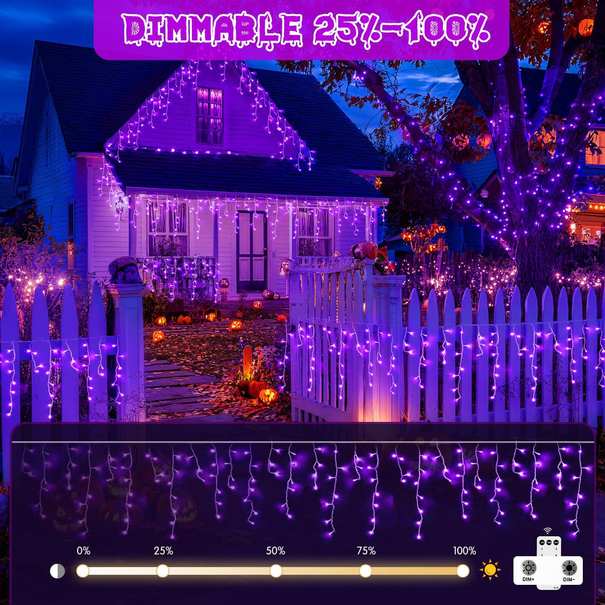 JMEXSUSS Purple Halloween Icicle Lights, 38.8 FT 400 LED Icicle Light Outdoor Waterproof, 8 Modes Purple Halloween Lights with 80 Drops Plug in for House Christmas Party Decorations