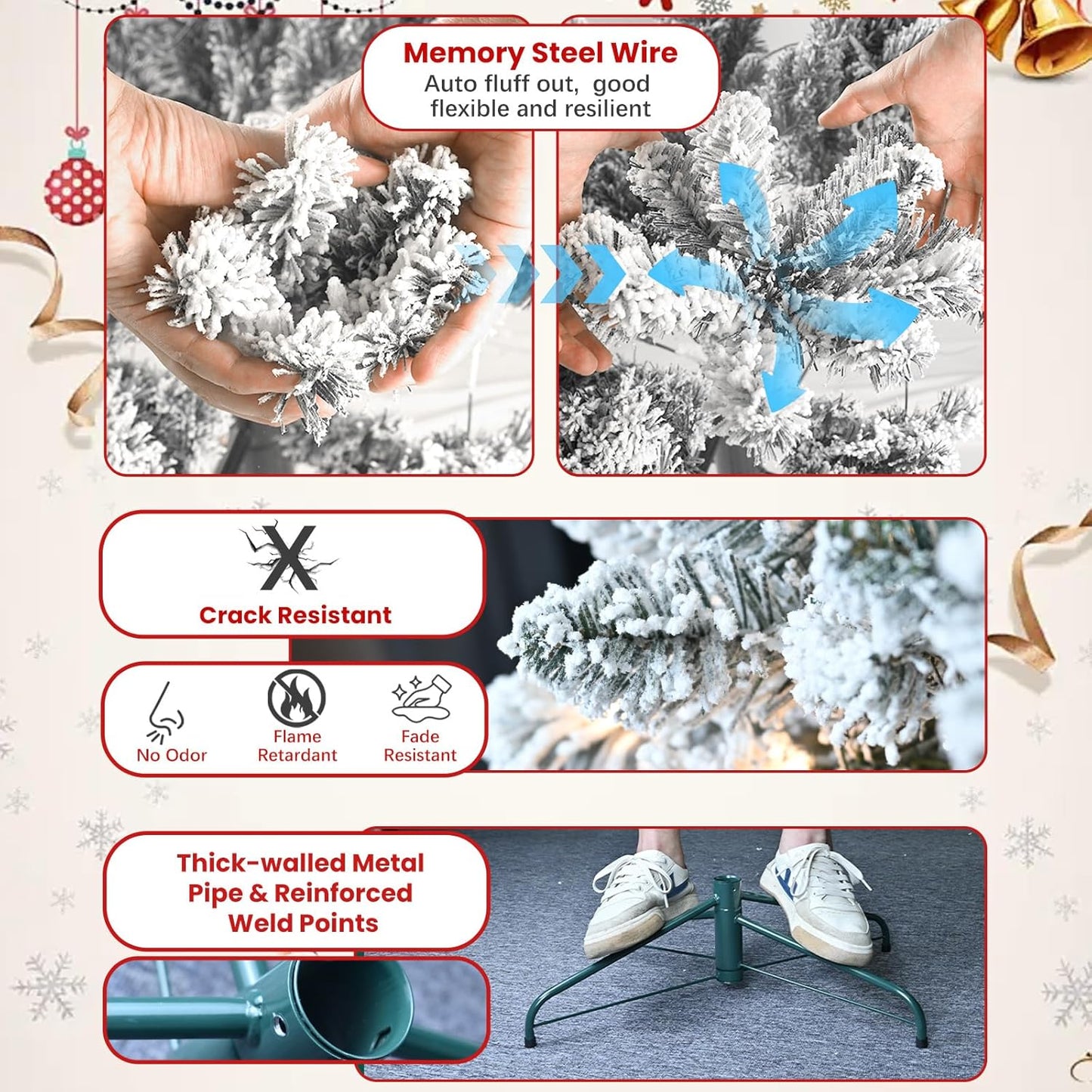 4 ft Prelit Flocked Christmas Tree with Pine Cones & 150 UL Lights, Snow Frosted Artificial Christmas Tree with Auto Hinged Stand for Holiday Decor