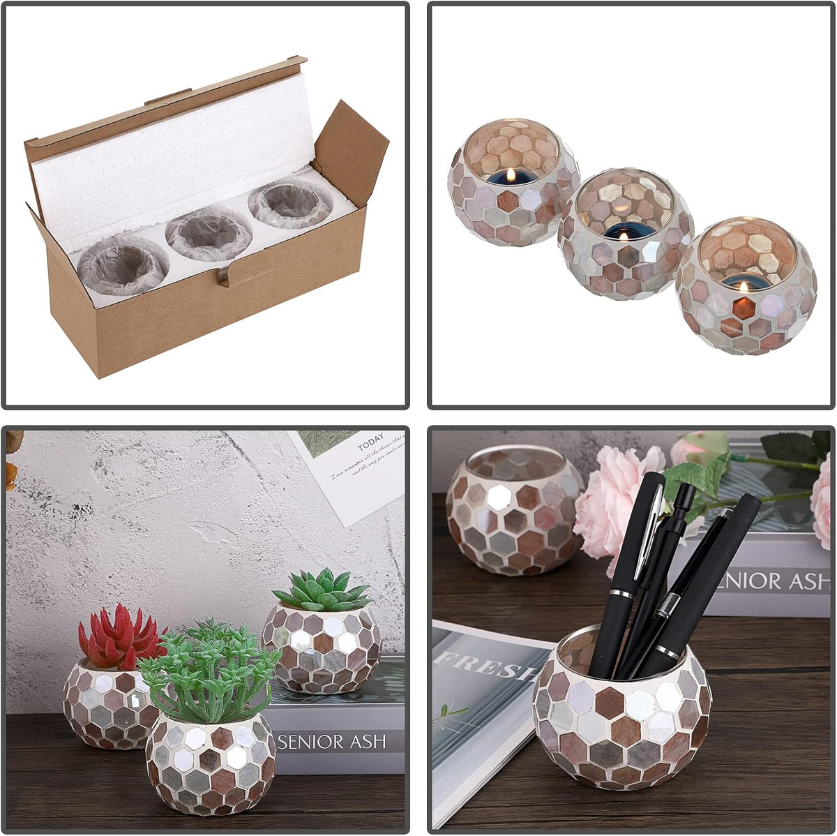 Set of 3 Mosaic Glass Tea Light Holders Round Bowl Votive Candle Holders Pillar Candle Stands, Glass Mosaic Tealight Holders Potted Plant Bowl Vase Candle Centerpiece for Dining Table Wedding