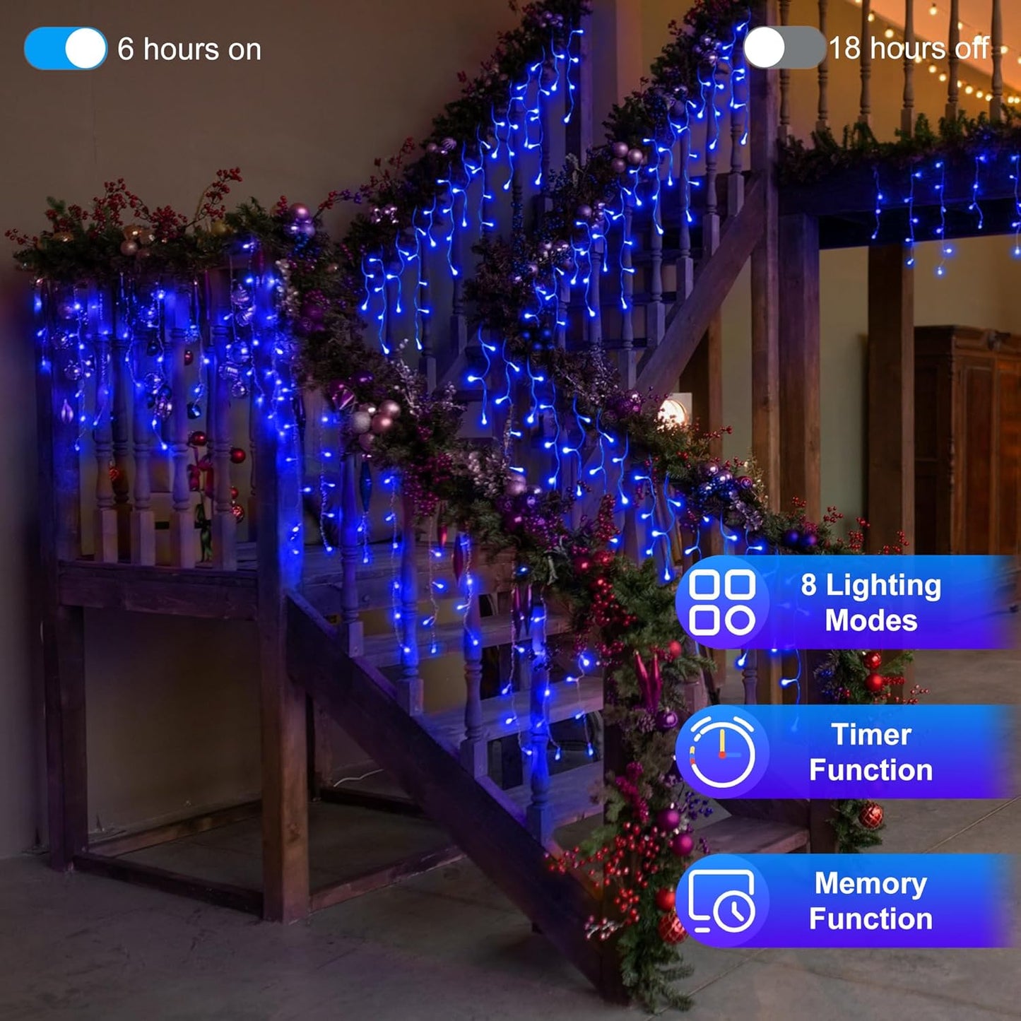1296LED Christmas Lights with 288 Drops, 131ft 8 Modes Christmas String Lights Outdoor, Waterproof Christmas Decorations Fairy Lights with Timer Memory for Xmas Party Patio Window Fence Tree Blue