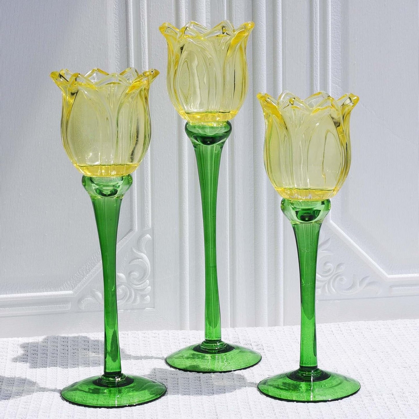 Yellow Tulip Glass Tealight Candle Holders Set of 3 — Spring Table Centerpiece Decor, Tall Tulip Candle Holders for Easter & Seasonal Styling