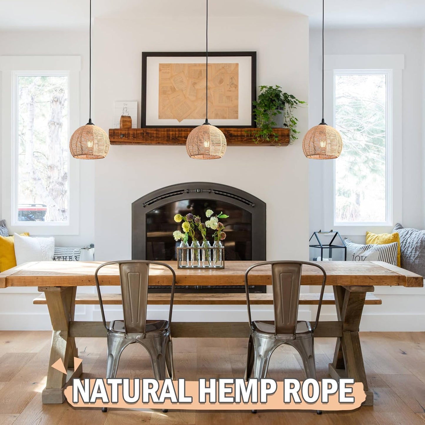 3 Pack Wicker Pendant Light Natural Woven Pendant Light Boho Chandelier Light Fixture Dome Rustic Farmhouse Pendant Lights Rattan Light Fixture for Dining Room Kitchen Island (Bulb Incl.)