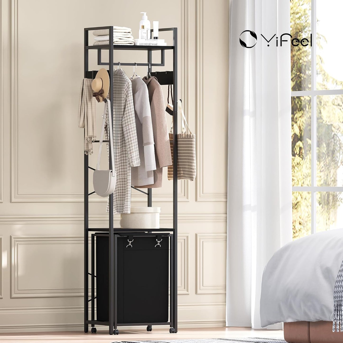 Coat Rack with Laundry Basket, Laundry Hamper Freestanding Hall Tree, Clothes Rack with Storage Shelves, 14.5 Gal Removable Bags on Wheels, Black JLH005B