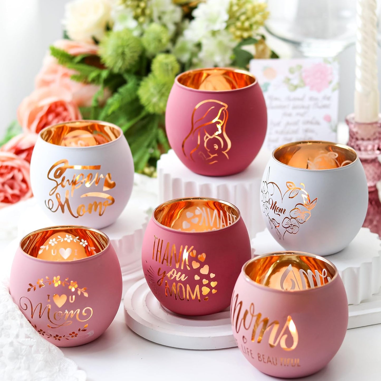 Engraved Pink Glass Tealight Candle Holders Set, Decorative Votive Holders for Table &amp; Shelf Decor