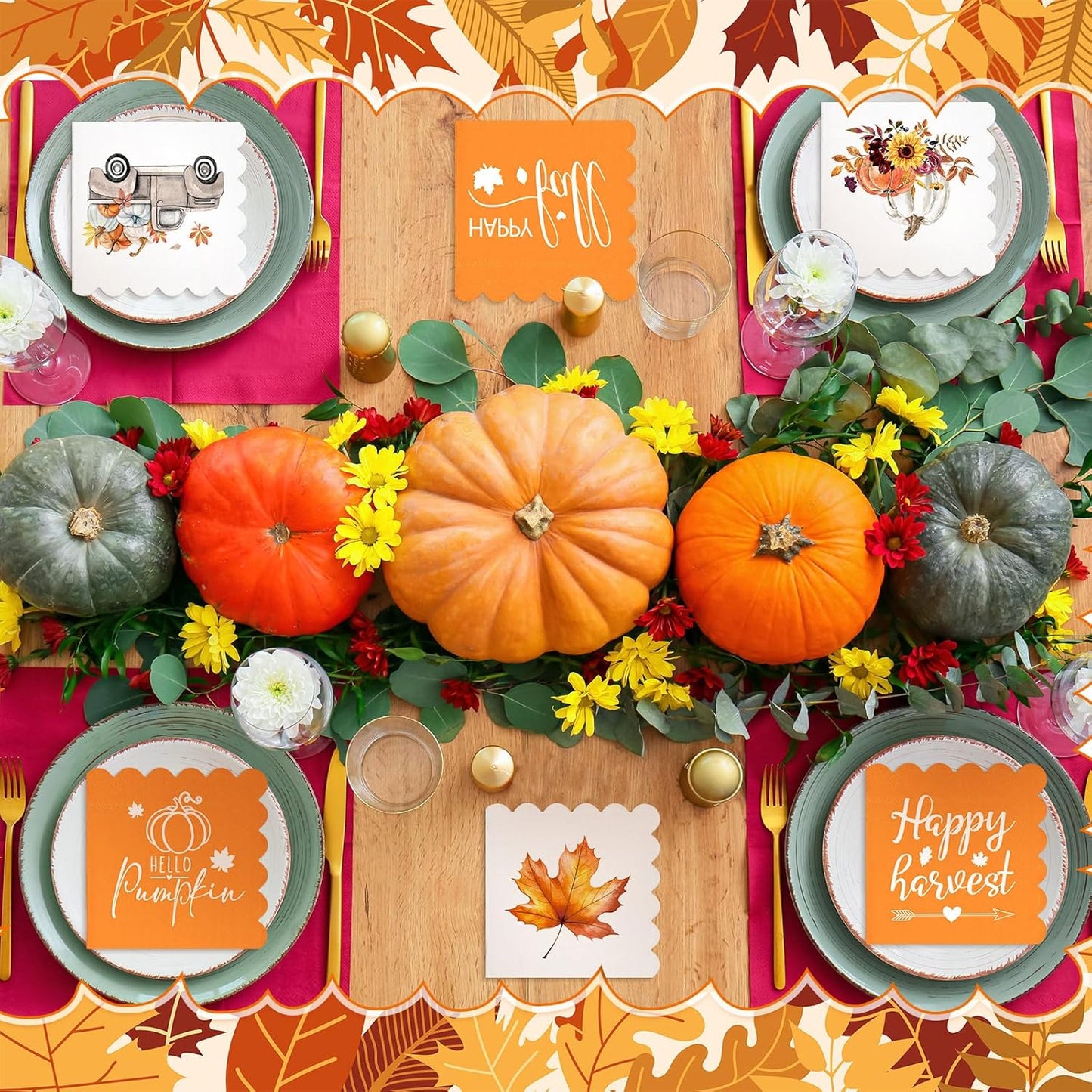 150 Pcs 5 x 5 Inches Fall Thanksgiving Paper Napkins Autumn Pumpkin Scalloped Cocktail Napkins for Decoupage Disposable Autumn Harvest Party Supply Bathroom Table Dessert Dinner Wedding Decor