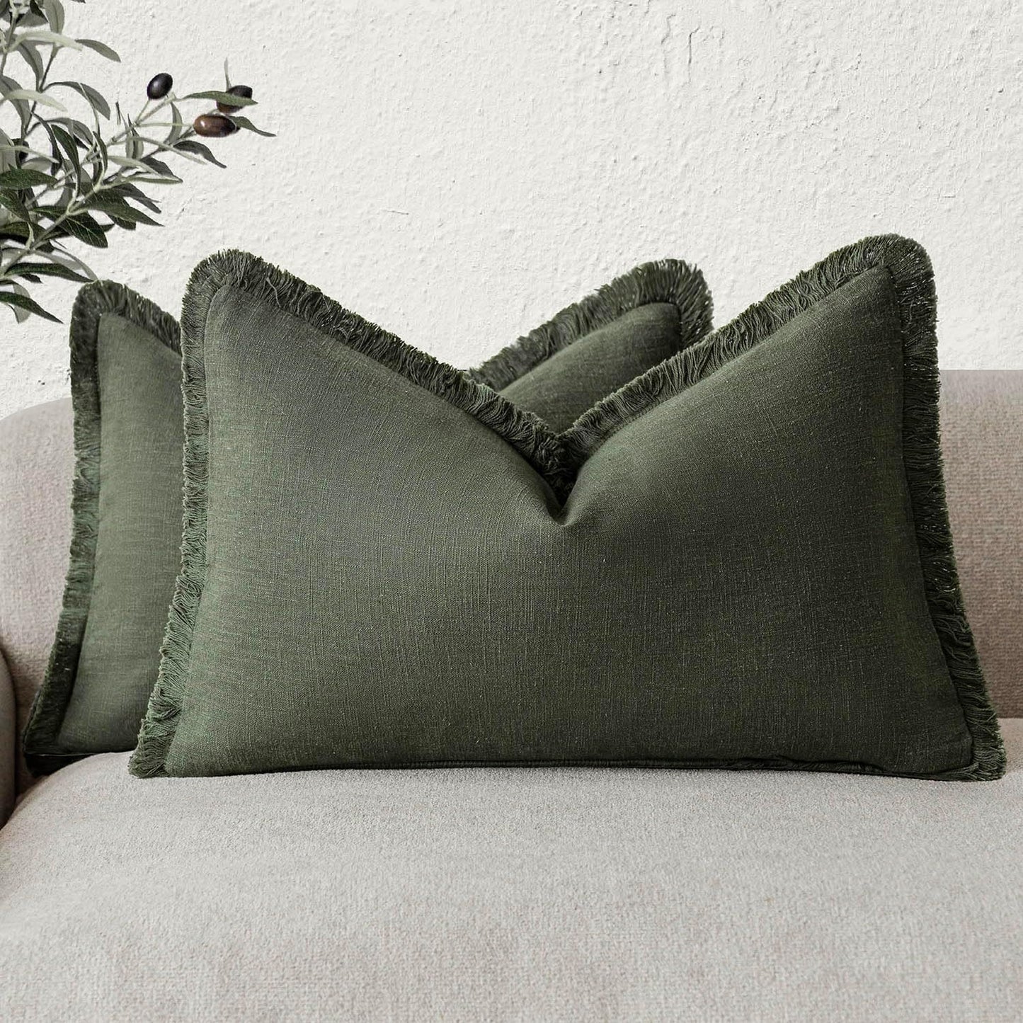 Foindtower Set of 2 Decorative Linen Fringe Throw Pillow Covers Farmhouse Cushion Cover with Tassels Accent Pillowcase for Couch Bed Sofa Living Room Home Bedroom Decor,12×24 Inch,Dark Olive Green