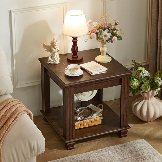 Farmhouse End Table,Large Side Table with 2-Tier Storage Shelf,Rustic Brown End Tables for Living Room,Square Tea Table,Walnut