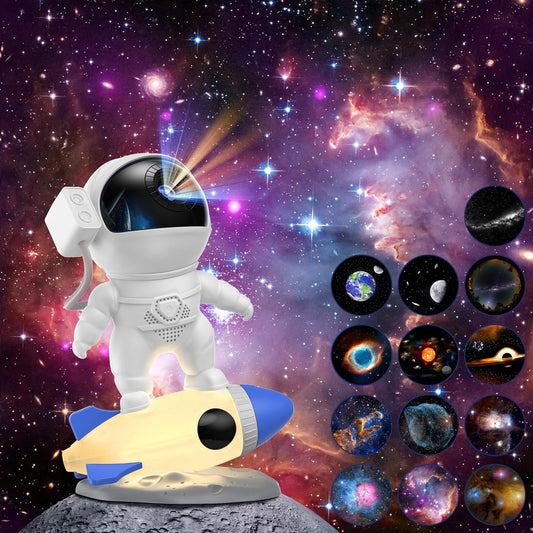 Astronaut Galaxy Projector for Bedroom with Rocket Night Light 13 Film Discs, HD Image Star Projector Galaxy Light Adjustable Knob, Planetarium Projector for Kids, 1/2h Timer Simple 4-Button Control