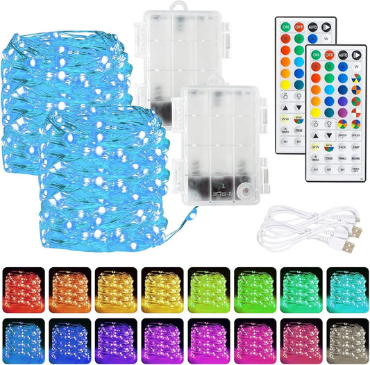 Dazzle Bright Color Changing Fairy Lights Battery Operated, 2 Pack Total 40FT 120LED Silver Copper Wire RGB String Lights with Remote, Waterproof Christmas Decorations for Indoor Outdoor Party Decor