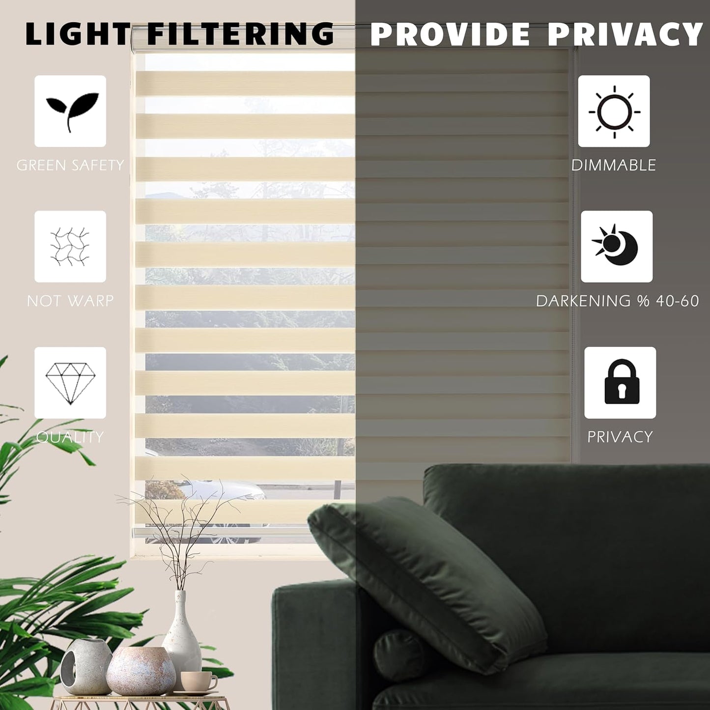 Custom Zebra Blinds for Windows Blinds for Indoor Windows Privacy Filter Light Zebra Shades Roller Blinds(10'' to 100'' Width)(Maximum Height 110'')(Custom Size Cream Color)