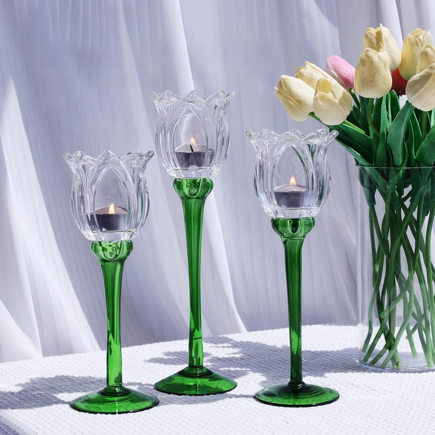 Clear Tulip Glass Tealight Candle Holders Set of 3 — Spring Table Centerpiece / Easter Decor / Tall Glass Tulip Candle Stands