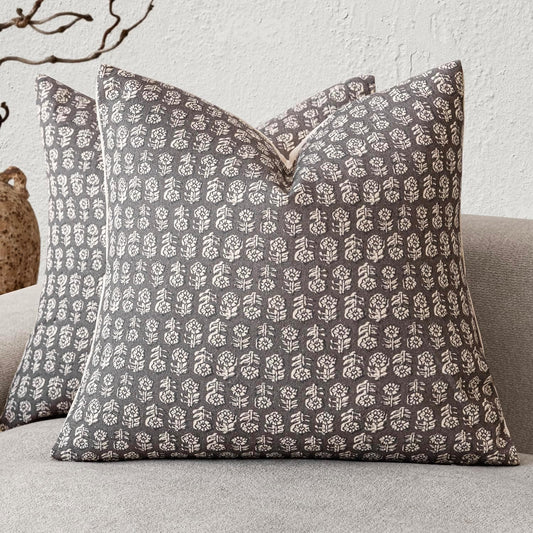 Foindtower Set of 2 Decorative Neutral Floral Print Throw Pillow Covers Vintage Accent Farmhouse Cushion Covers Boho Home Decor for Sofa Couch Chair Bedroom Living Room Outdoor,20×20 Inch,Rustic Gray