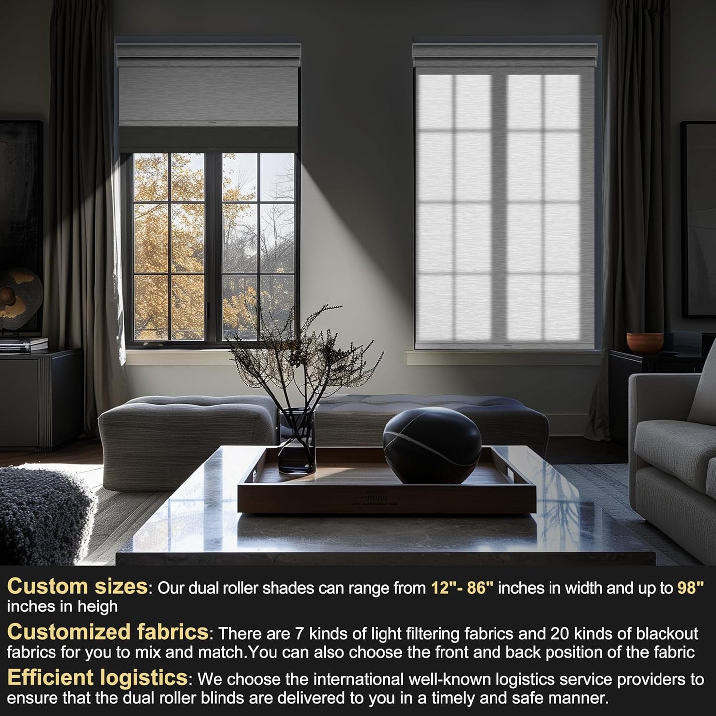 BERISSA Cordless Dual Roller Shades Cassette Valance, Double Blackout & Light Filtering, Day & Night Roller Shades for Home Office Doors, Grey & White. 38 W x 80" H