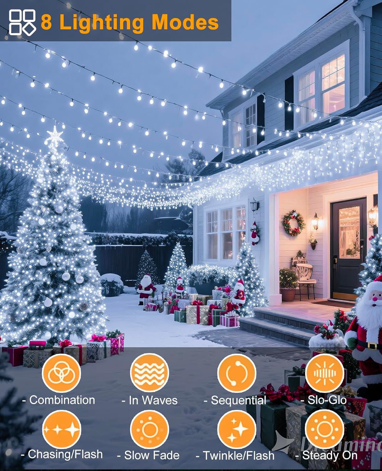 Christmas String Lights, 80FT 240 LED Connectable Christmas Lights Outdoor Green Wire with 8 Modes, Plug in Waterproof Christmas Decorations Indoor for Patio Tree Garden, White