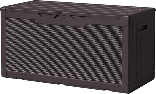 Devoko 97 Gallon Deck Box, Waterproof Resin Outdoor Storage Box for Outside and Patio, Large Outdoor Storage Bench Cabinet Lockable for Patio Furniture, Garden Tools and Pool Supplies (Deep Brown)