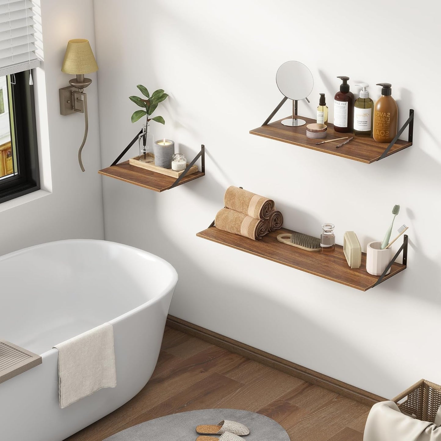 Deep Floating Shelves, 12 Inch Deep Floating Shelves for Wall, 24"W x 12"D Wall Shelves for Books, Large Rustic Wooden Shelf, Wide Display Shelf for Bathroom, Living Room, Walnut Color, Set of 2