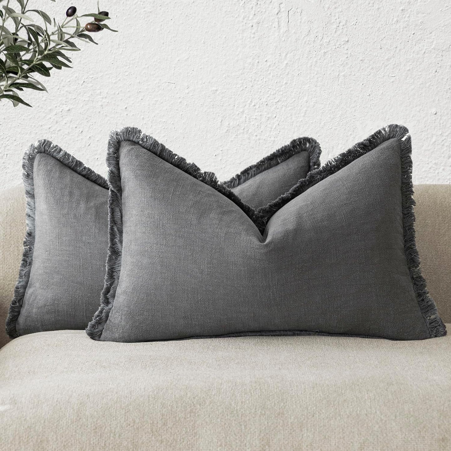 Foindtower Set of 2 Decorative Linen Fringe Lumbar Throw Pillow Covers Boho Farmhouse Cushion Cover with Tassels Soft Accent Pillowcase for Couch Sofa Bed Living Room Home Decor,12×20 Inch,Gray