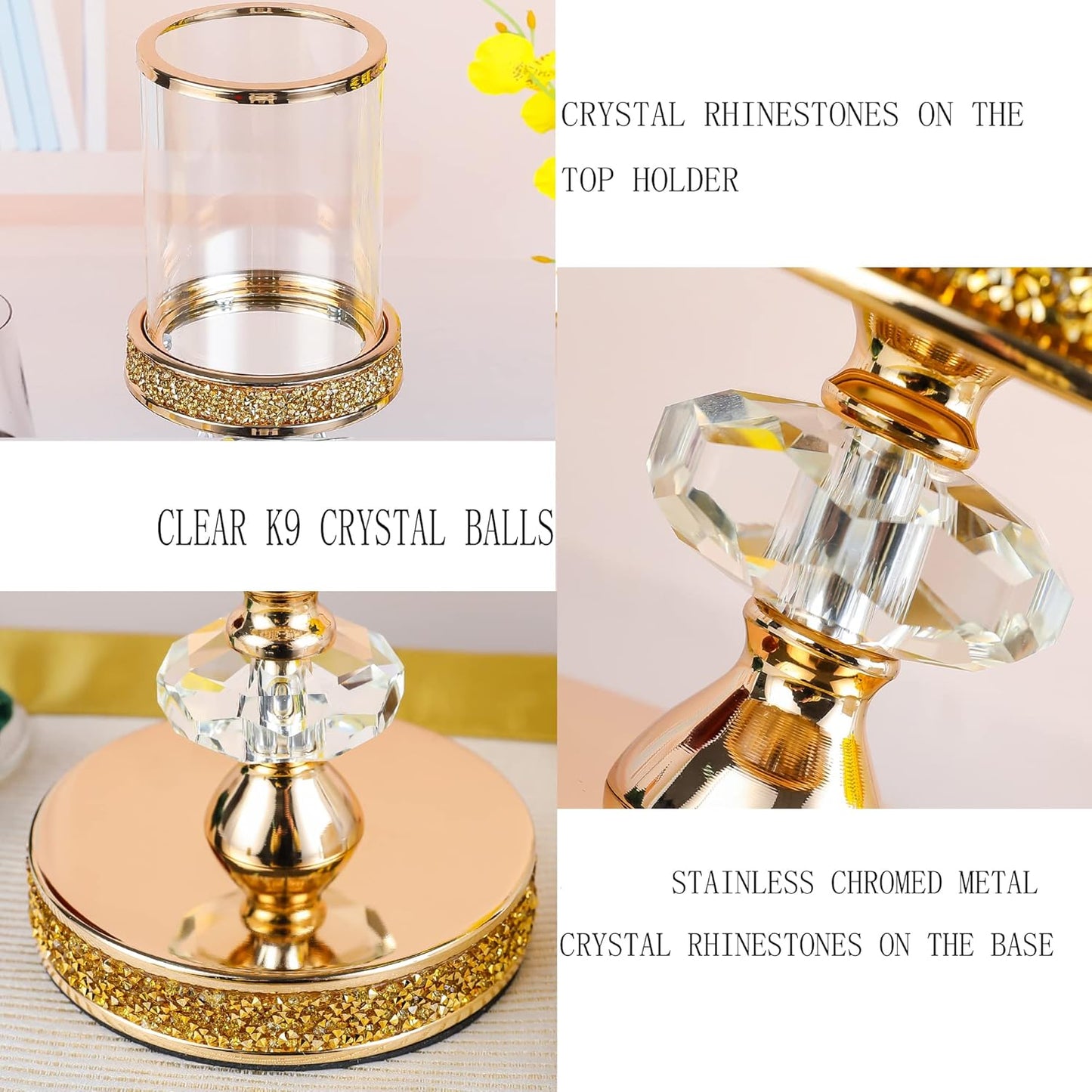 Crystal Pillar Candle Holder with Glass Shade, Gold Metal Base (S)