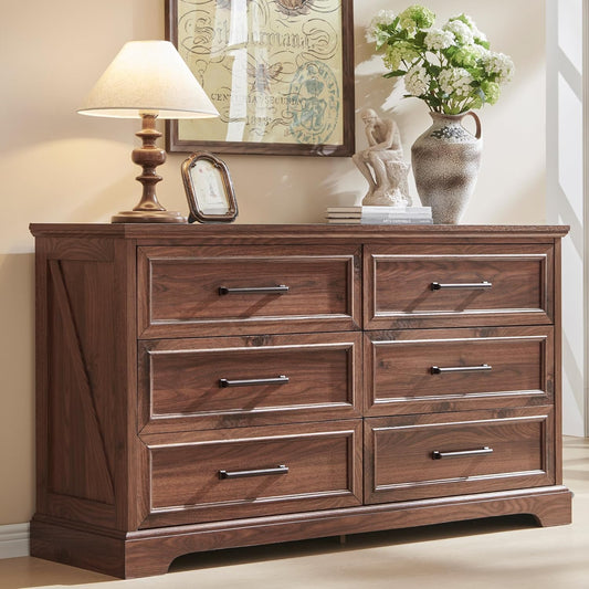 Farmhouse 6 Drawer Dresser for Bedroom, 52 Inch Wide Modern Dresser TV Stand with Large Drawers & Bar Handles, Rustic Wood Chest of Drawers for Bedroom, Living Room, Hallway, Brown
