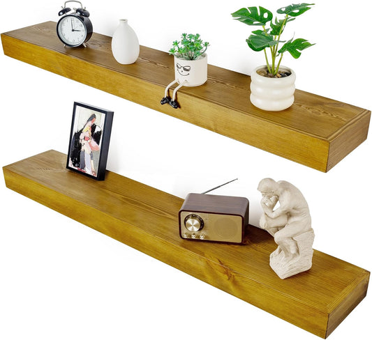 Floating Shelves 3 inch Thick for Wall Set of 2,Solid Pine Wood Wall Mount Shelf for Kitchen Living Room Bedroom Bathroom,8" D x 48" L x 3" H-Gold Oak