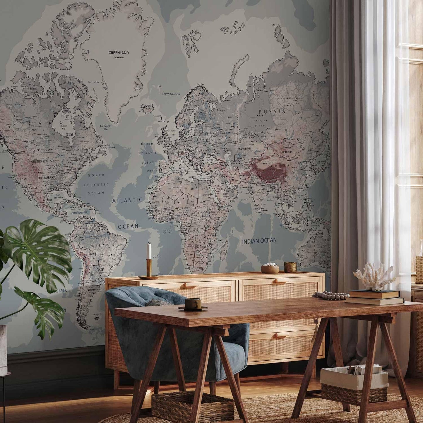 artgeist Premium Wall Mural World Map 177x124 in - XXL Non-Woven Wallpaper Fleece Wall Decor Photo Print Picture Image Design Home Map of The World k-A-0061-a-c