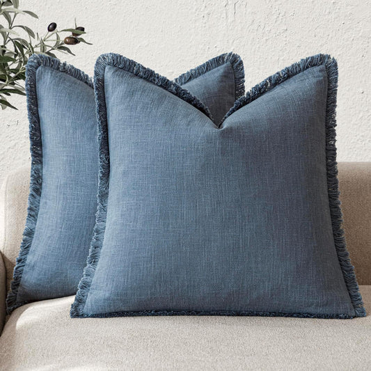 Foindtower Set of 2 Decorative Linen Fringe Throw Pillow Covers Cozy Farmhouse Cushion Cover with Tassels Accent Pillowcase for Couch Chair Sofa Bed Living Room Home Decor,18×18 Inch,Dark Blue