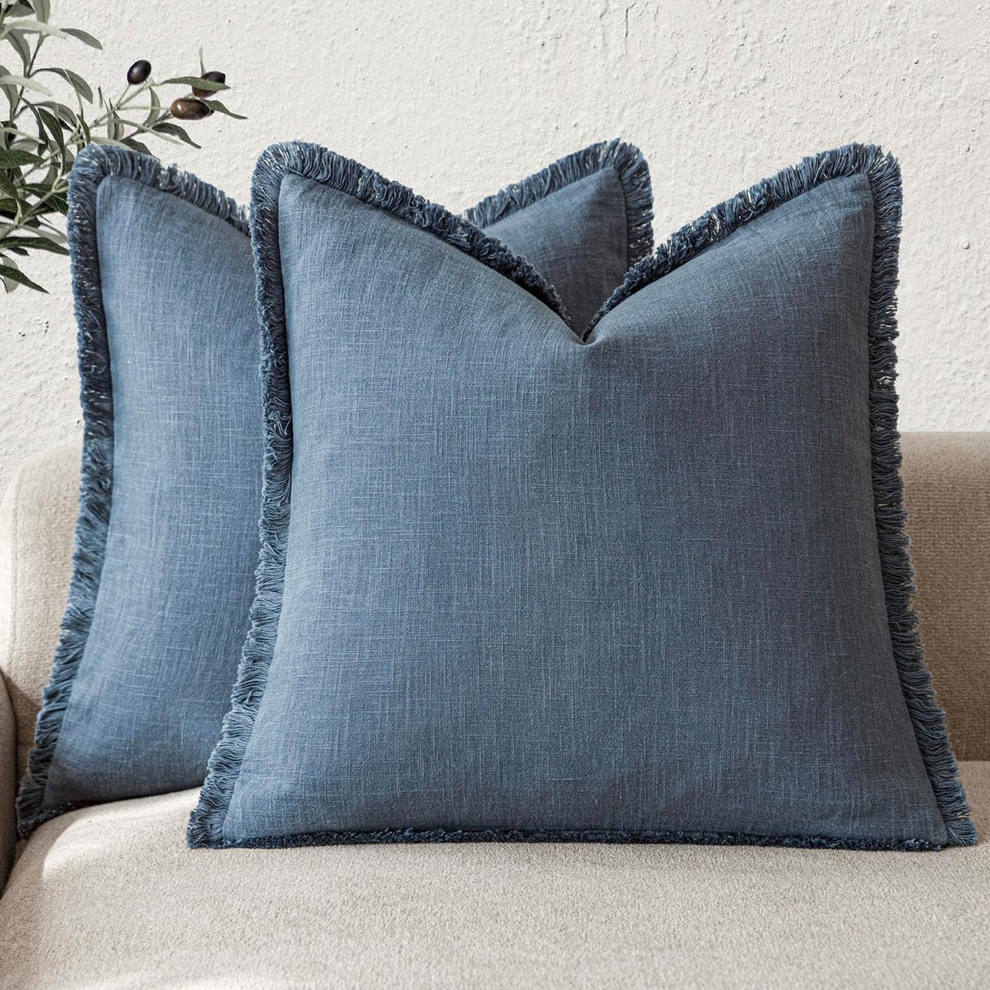 Foindtower Set of 2 Decorative Linen Fringe Throw Pillow Covers Cozy Farmhouse Cushion Cover with Tassels Accent Pillowcase for Couch Chair Sofa Bed Living Room Home Decor,24×24 Inch,Dark Blue