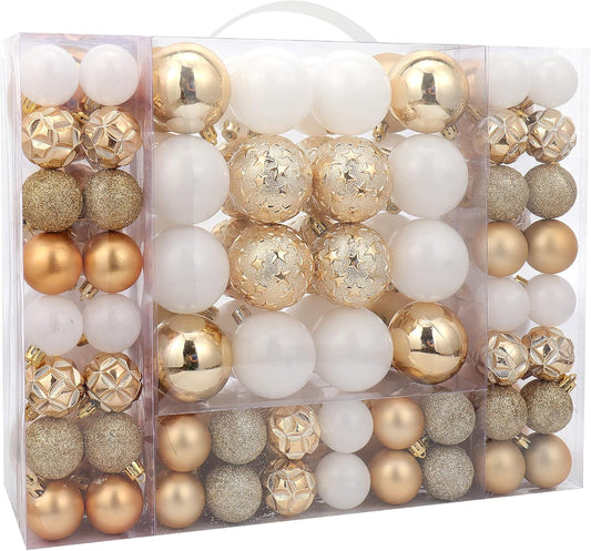 87ct Christmas Ball Ornaments Set Shatterproof Seasonal Hanging Decorations with Reusable Hand-held Gift Package for Xmas Tree Holiday Party and Home Decor, Gold