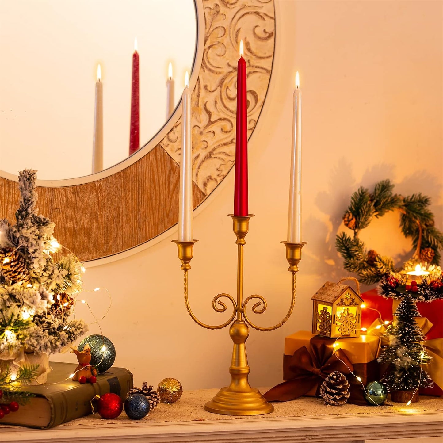 Gold Taper Candle Holder for Centerpiece - 3-arm Candlesticks Holder for Wedding Table Centerpieces Metal Candle Stick Holders for Fireplace Mantle Set of 6
