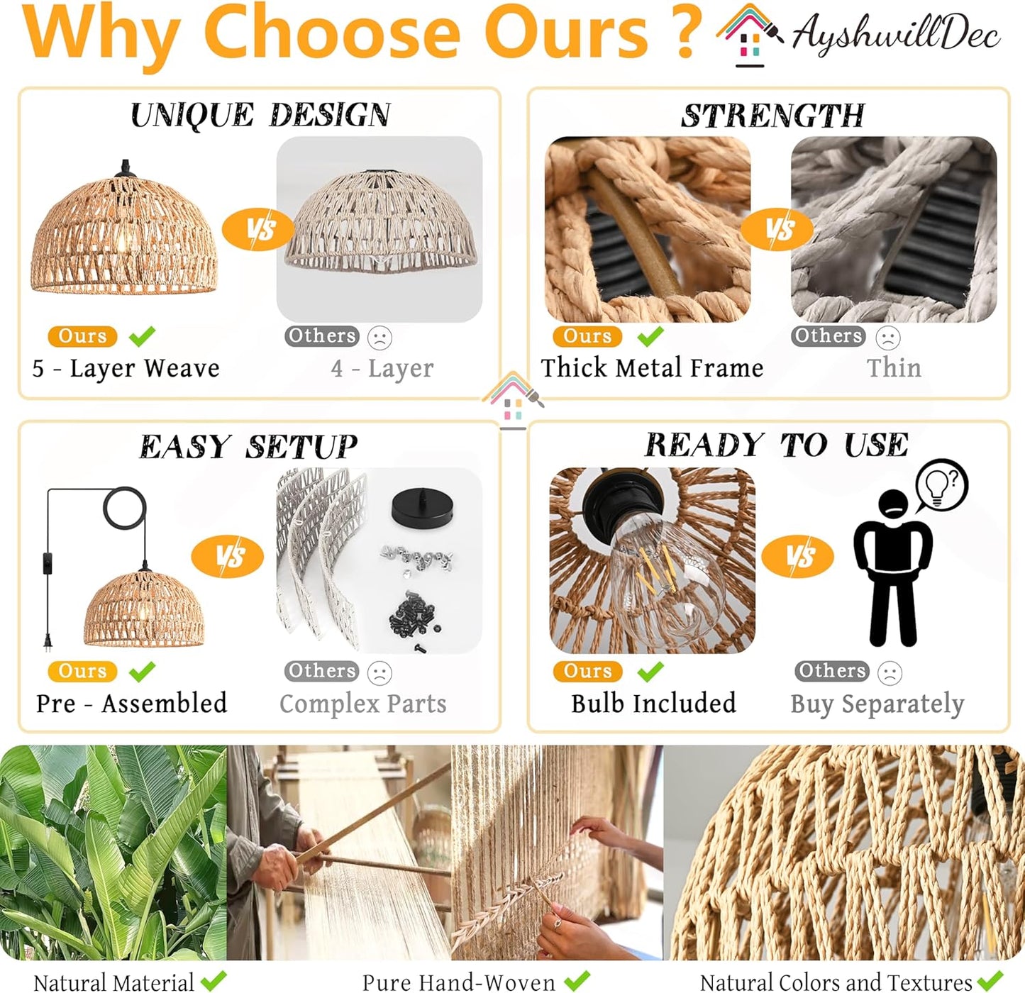 Brown Rattan Light Fixture 15ft Plug In Pendant Light Woven Pendant Light Boho Chandelier Wicker Pendant Light Boho Pendant Light Plug In for Dining Room Kitchen Island Bedroom(Bulb Incl.)