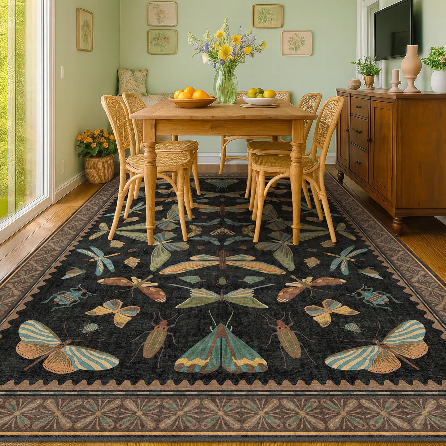 Black Washable Insect Area Rugs 8x10 - Bug, Dragonfly, Bee, Moth, Butterfly Print Rugs for Living Room, Bedroom, Dining Room Under Table, Playroom, Dark Whimscal Boho Carpet, Soft & Non Slip
