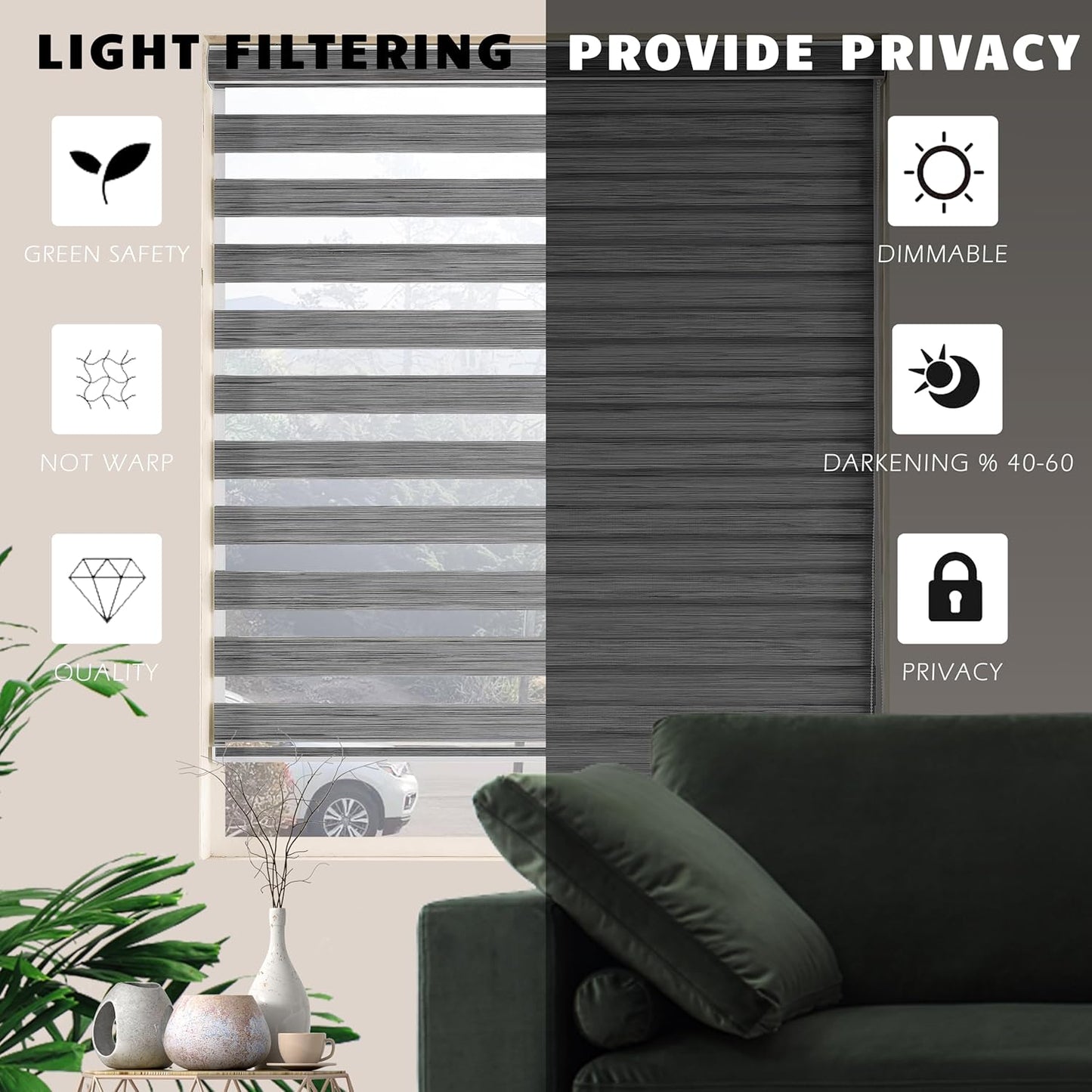 Custom Cut to Size Zebra Blinds for Windows Free-Stop Sheer Shades Dual Layer Roller Light Filtering Light Control Blinds for Indoor Windows Privacy(19" W X 72" H, Grey)