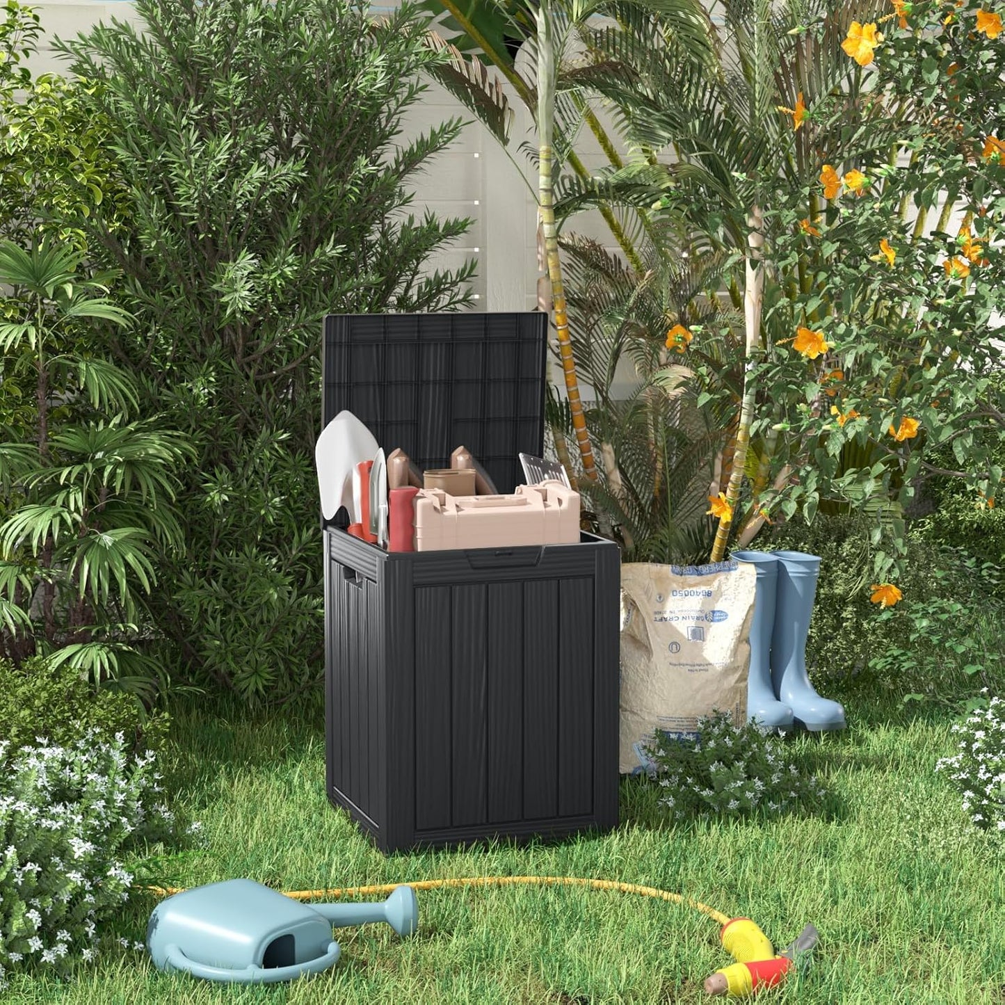 28 Gallon Resin Deck Box, Lockable Outdoor Storage Box for Patio Cushions Storage Furniture,Garden Tools, Pool Supplies, Weatherproof and UV Resistant（Black）