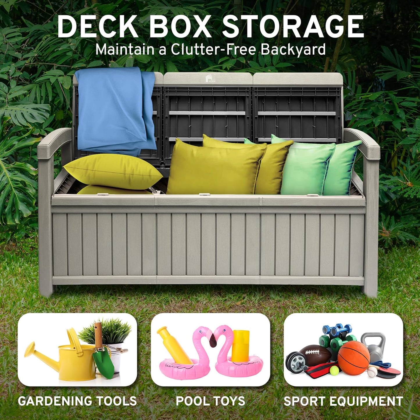 EconoHome 3 Seat Outdoor Storage Bench with Rain Cover - 90 Gallon Capacity - Weatherproof Resin Bench for Patio, Porch, Garden, Yard, Pool Area - Furniture for Pool Accessories, Gardening Tools